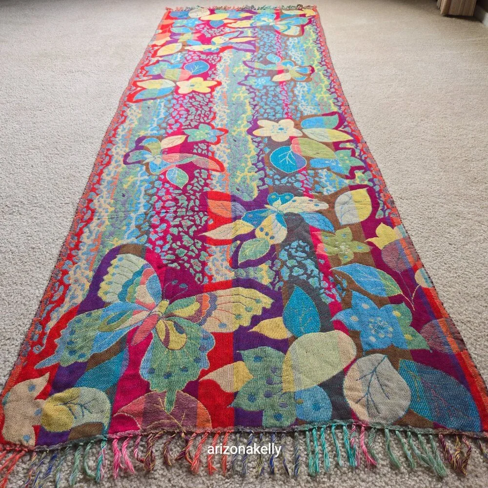 NWOT 100% Wool Woven Scarf Butterfly Flowers Colorful Vibrant